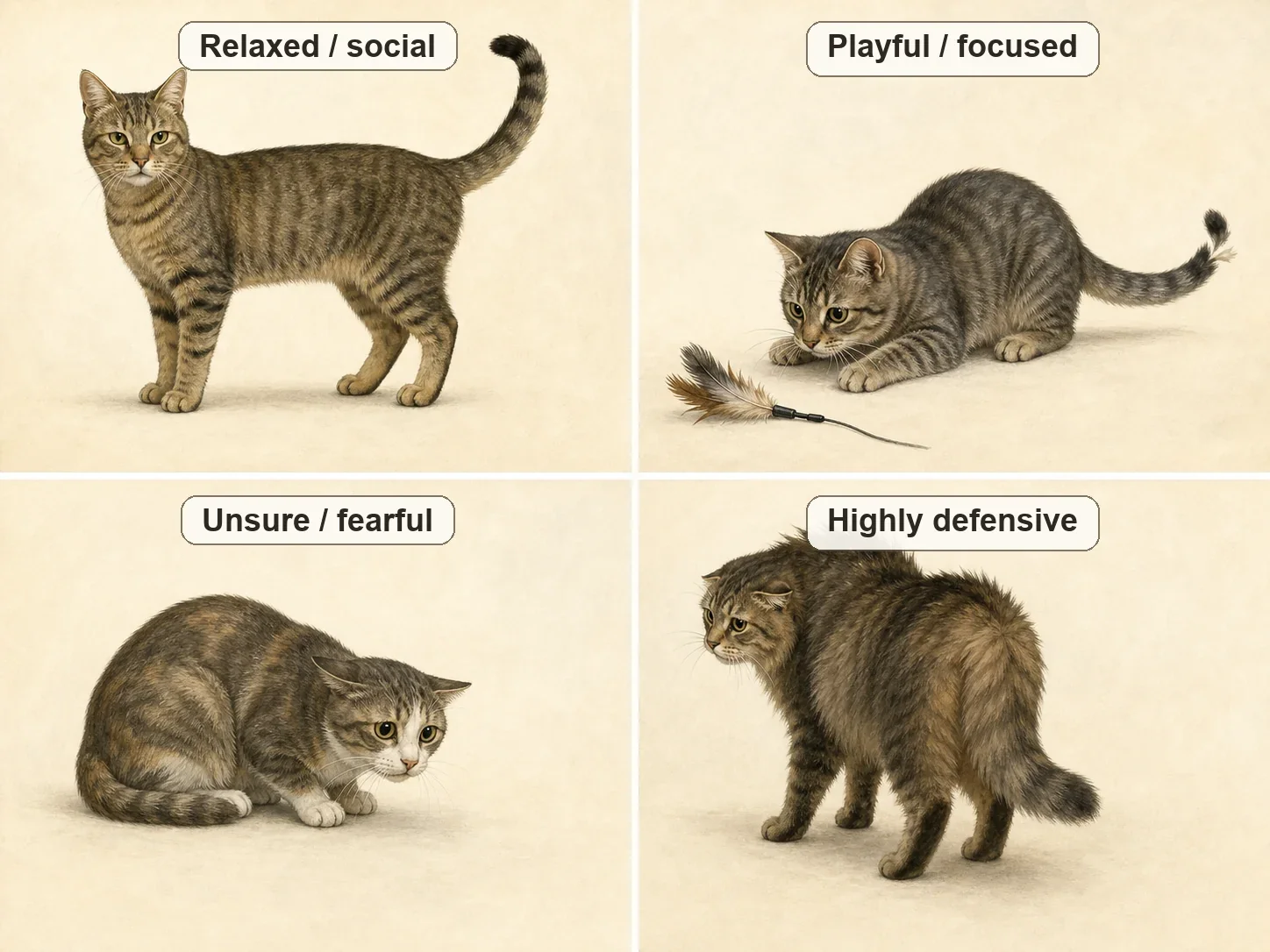 Four cats showing relaxed, playful, fearful and defensive body language
