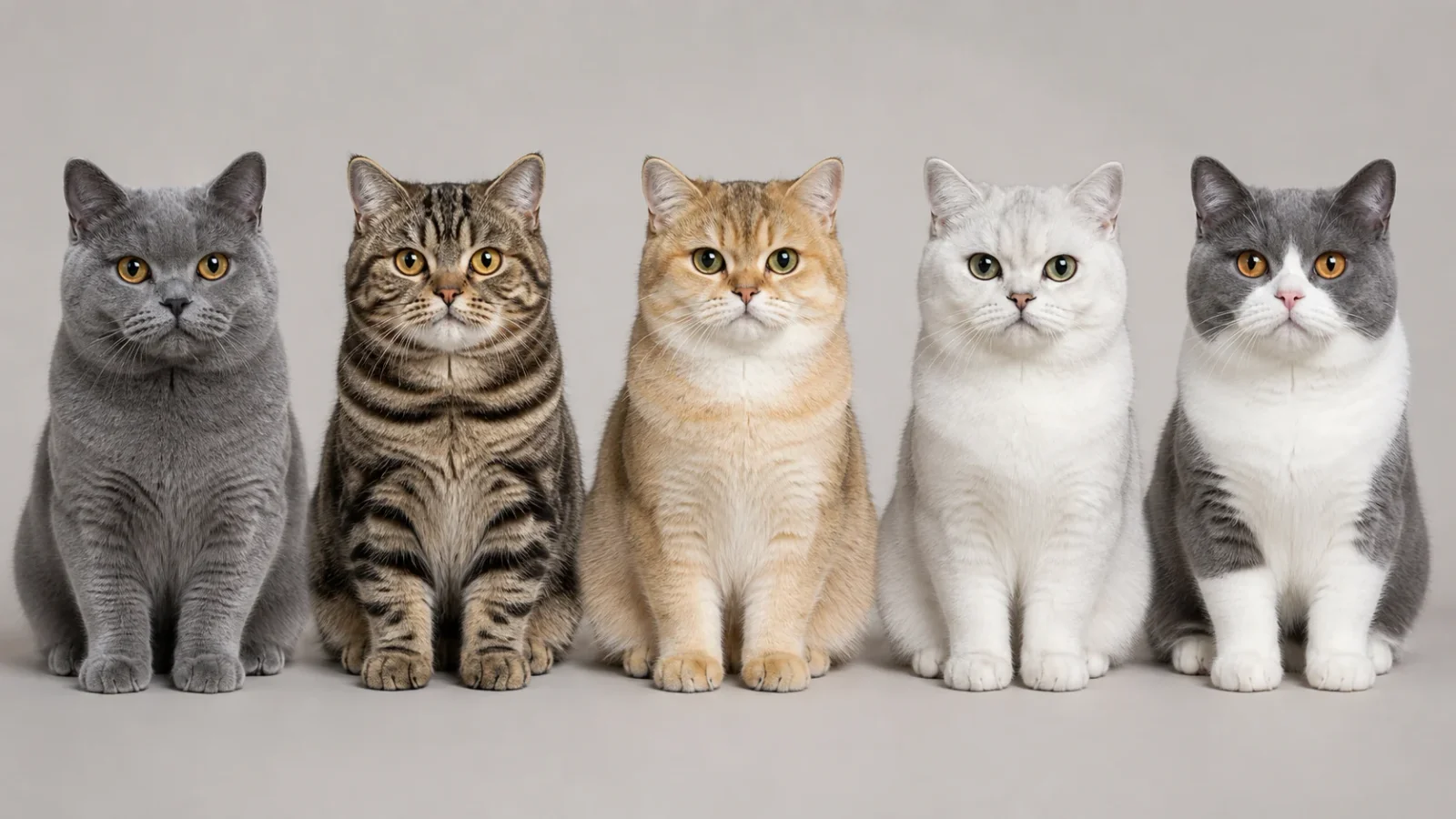 British Shorthair coat examples illustrating solid, tabby, shaded, chinchilla and bicolour terminology