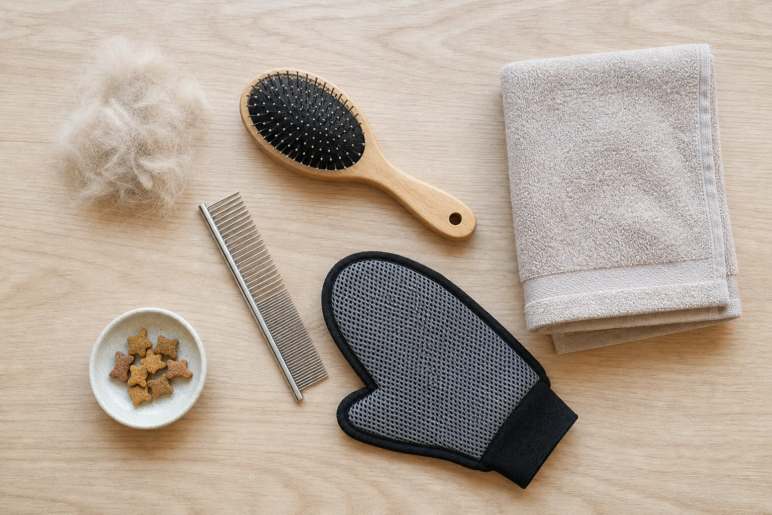 Metal comb, pin brush, grooming mitt, treats and towel for a long-haired cat