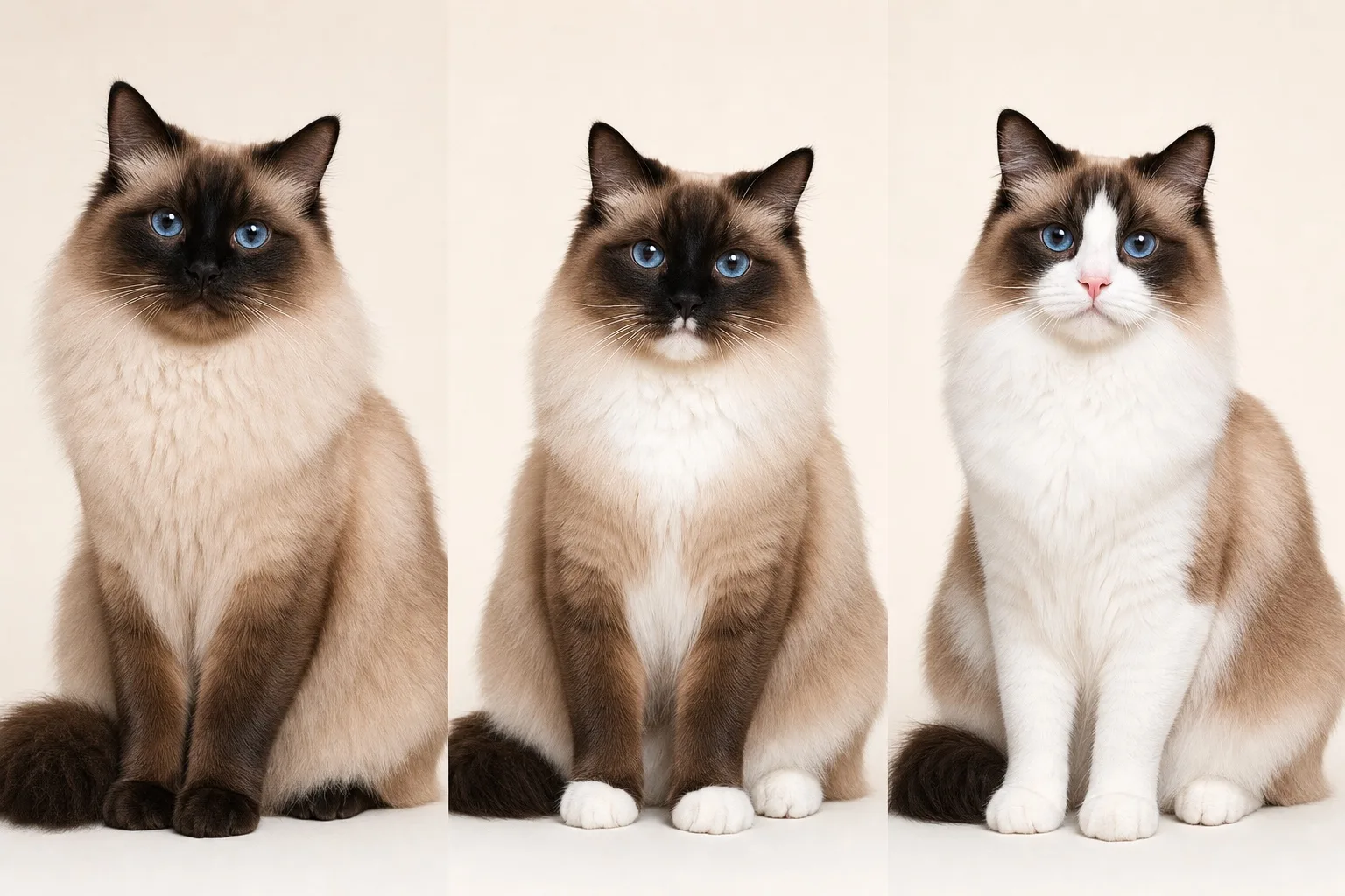 Colourpoint, mitted and bicolour Ragdoll pattern comparison