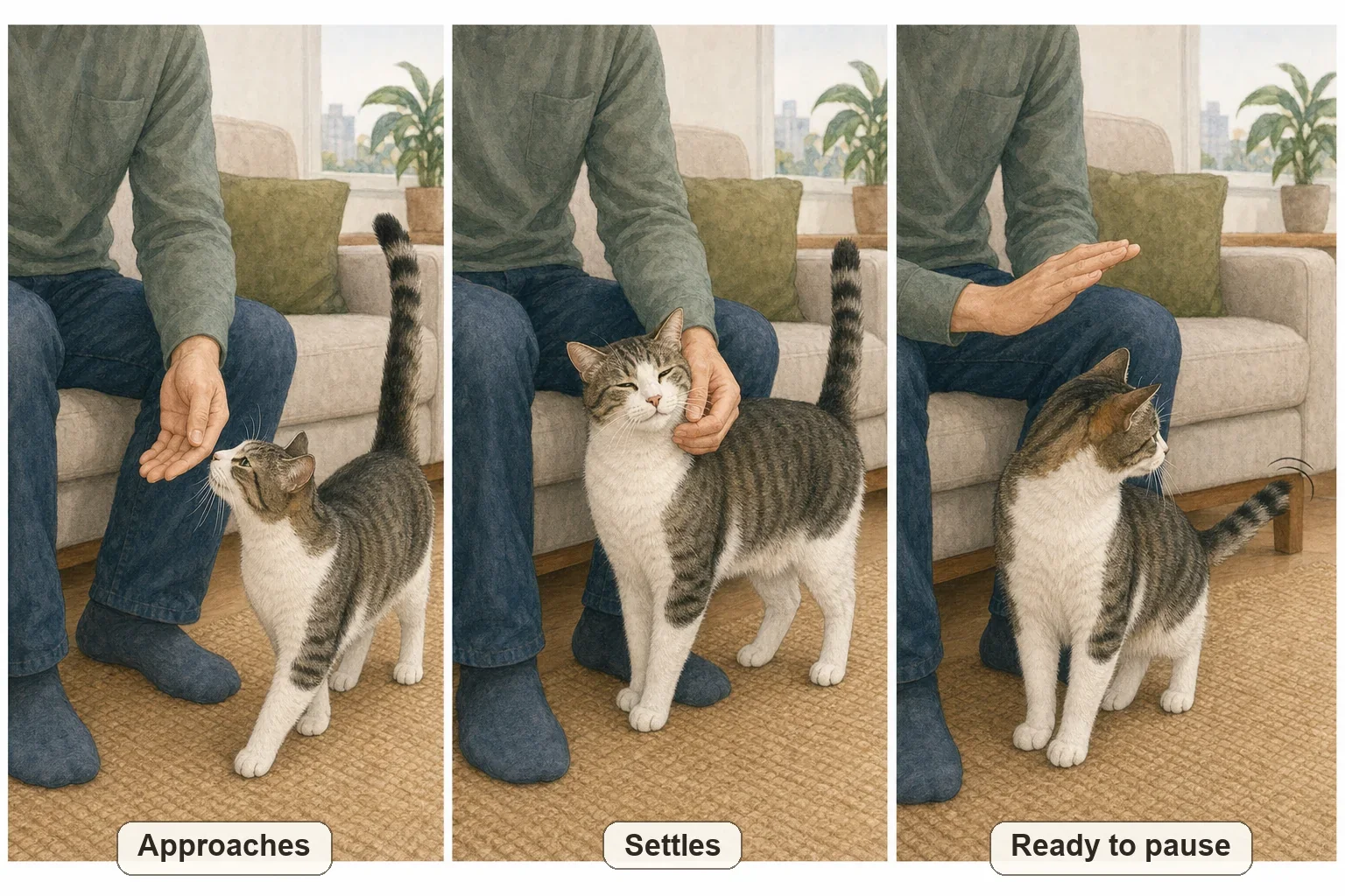 Cat approaching for touch, relaxing during petting and turning away when ready to pause