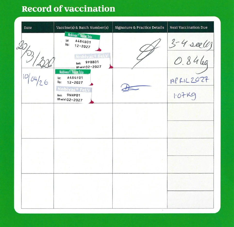 Whippy vaccination record: Nobivac Tricat Trio and Nobivac FeLV, 20 Mar and 10 Apr 2026