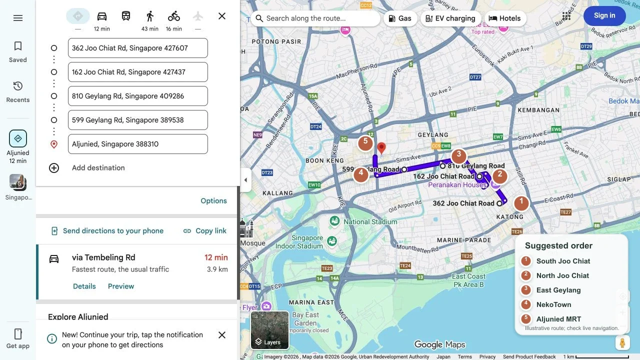 An annotated Google Maps route from south Joo Chiat through north Joo Chiat and Geylang to Aljunied MRT