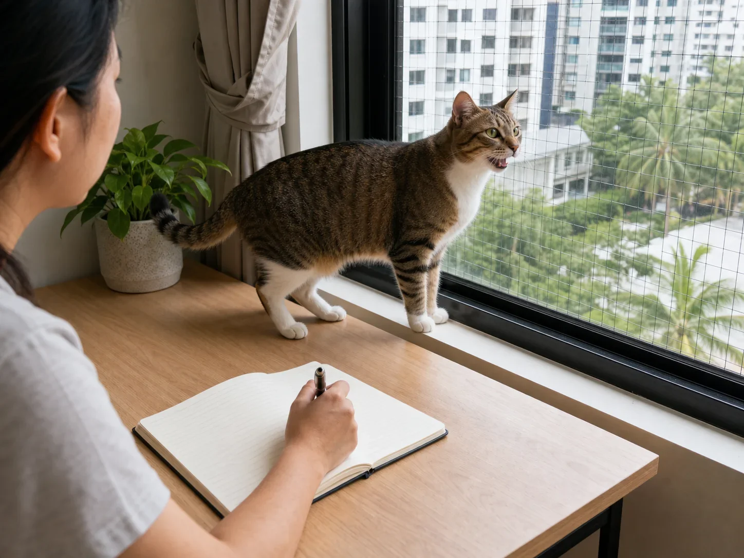 Owner recording the context of a cat’s meow near a window