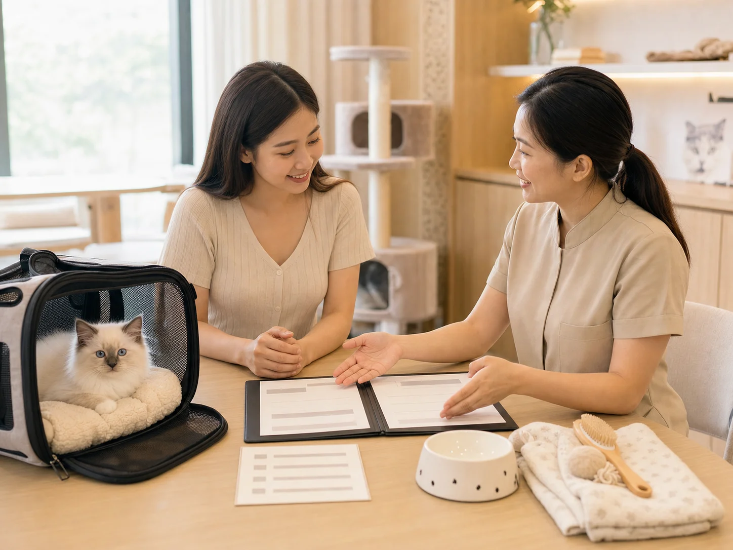A kitten buyer reviewing the purchase agreement and starter items with a cattery team member