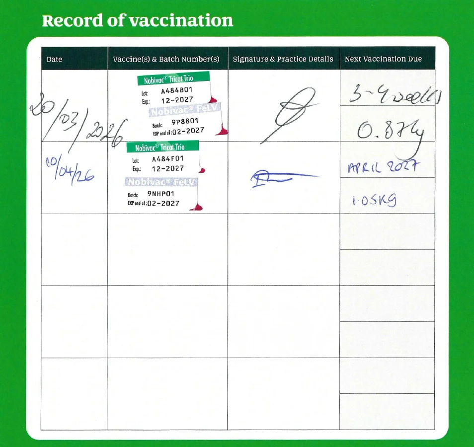 Wasabi vaccination record: Nobivac Tricat Trio and Nobivac FeLV, 20 Mar and 20 Apr 2026