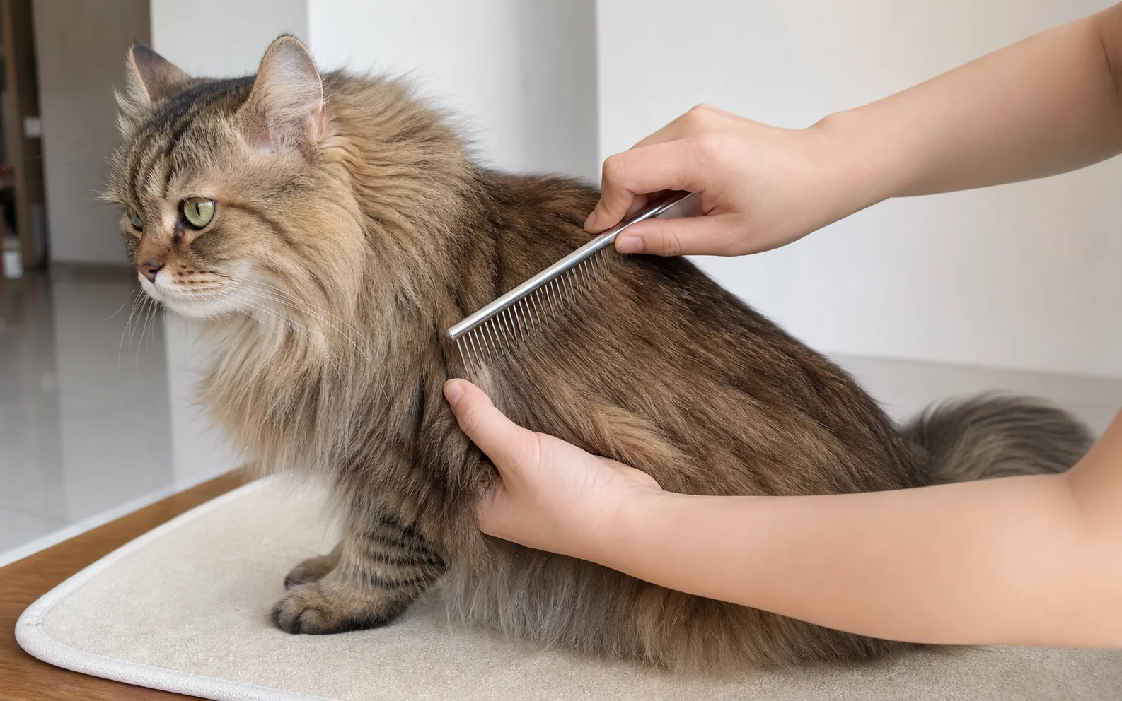 Owner gently combing a long-haired cat with a metal pet comb