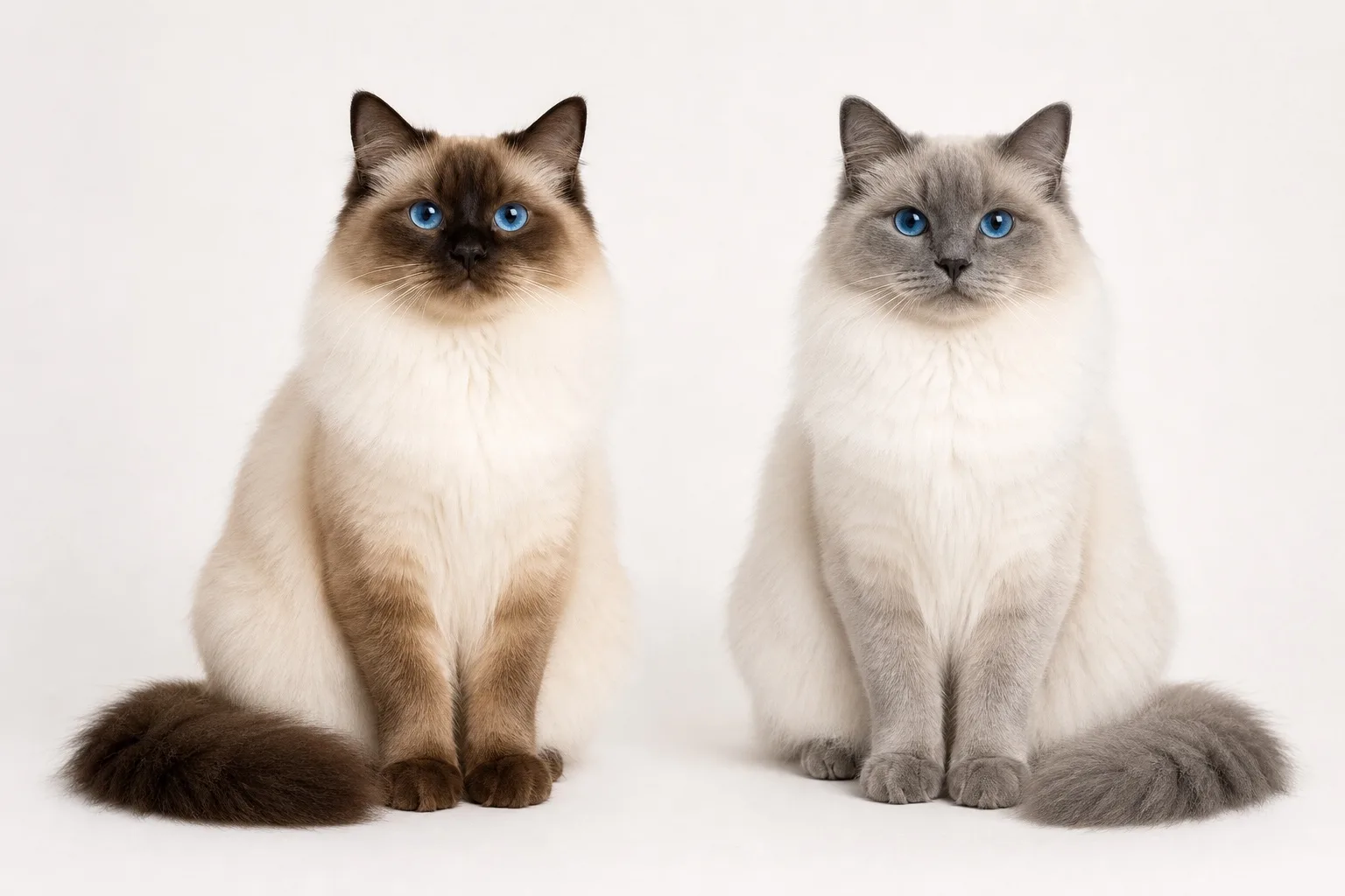 Seal point and blue point Ragdoll cats compared in the same lighting