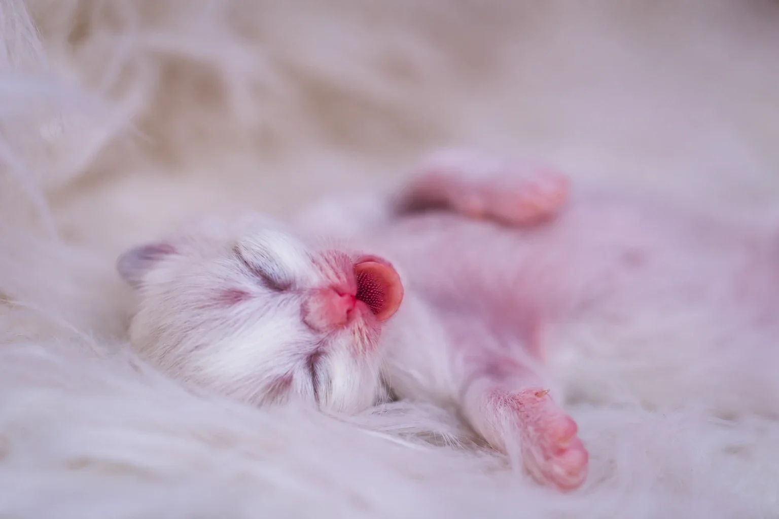 A tiny kitten with closed eyes, a raised paw and its tongue visible.