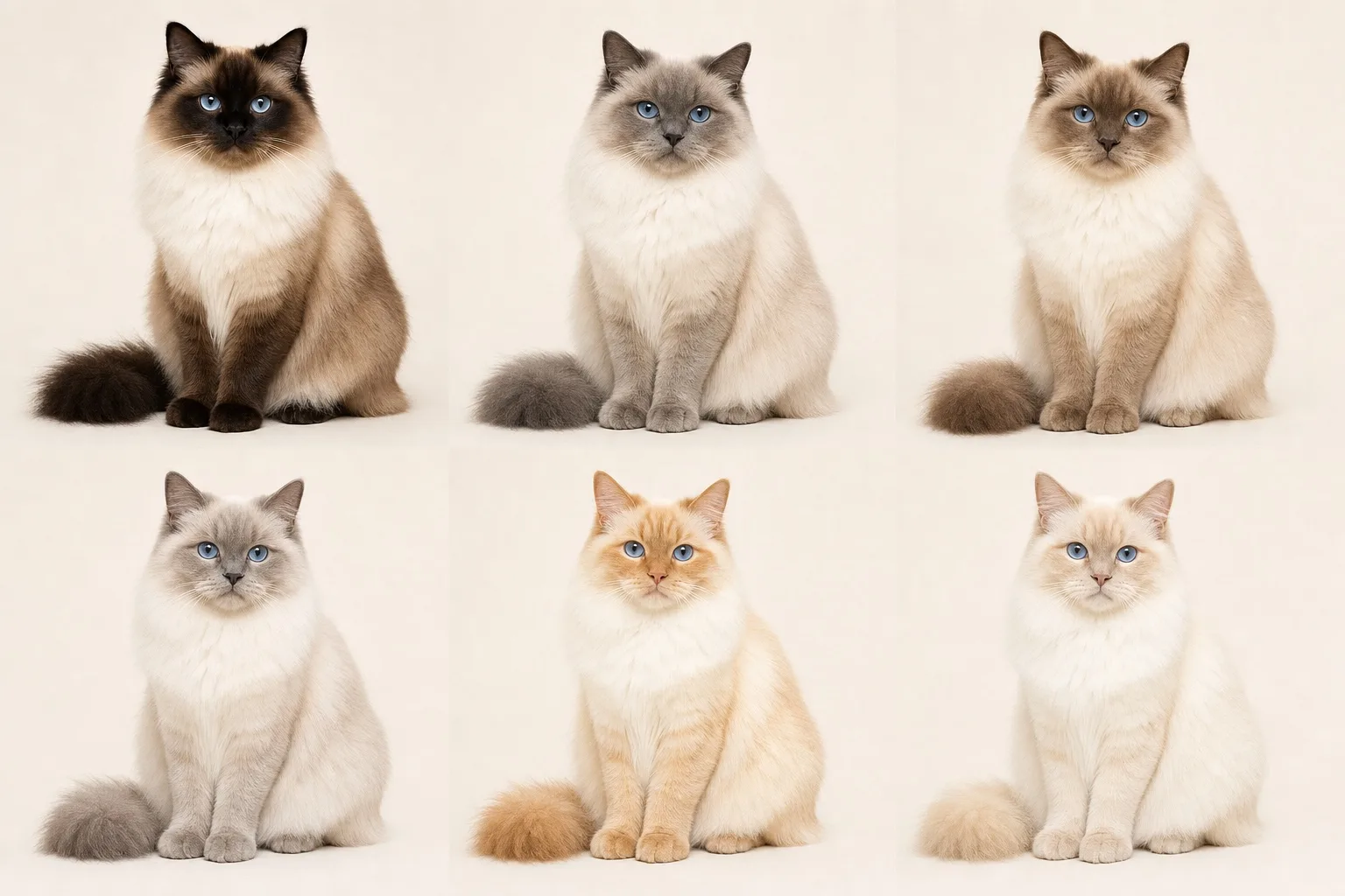 Seal, blue, chocolate, lilac, red and cream Ragdoll colour comparison