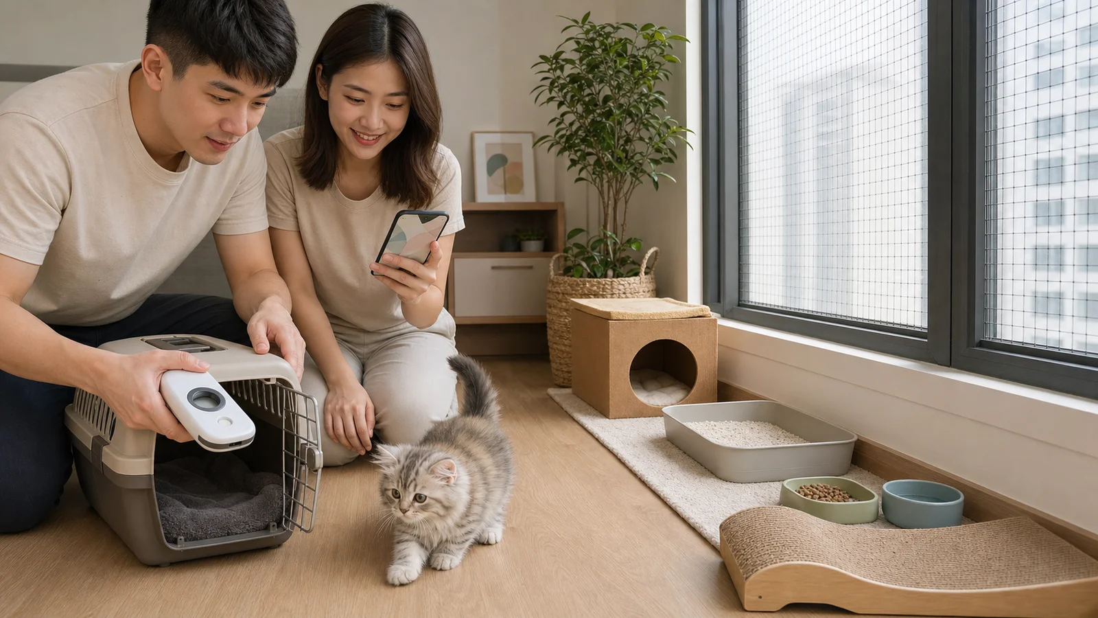 A family welcoming a kitten into a secure first room and confirming its identity details