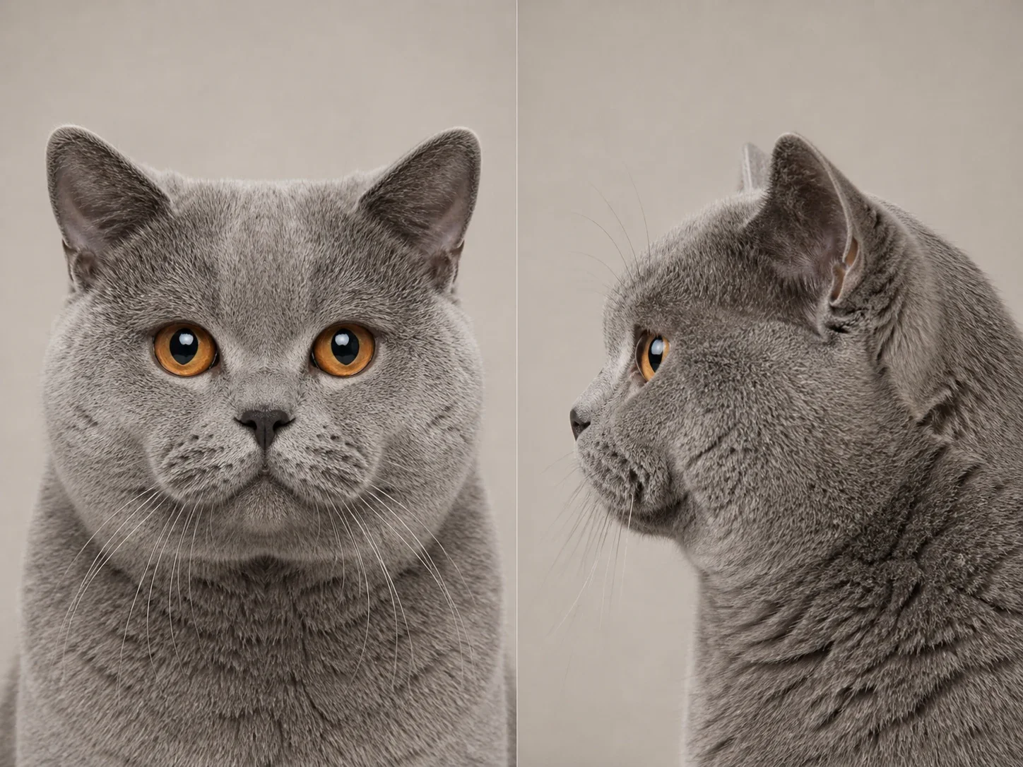 British Shorthair head shown from the front and side with a broad medium nose and gentle profile dip