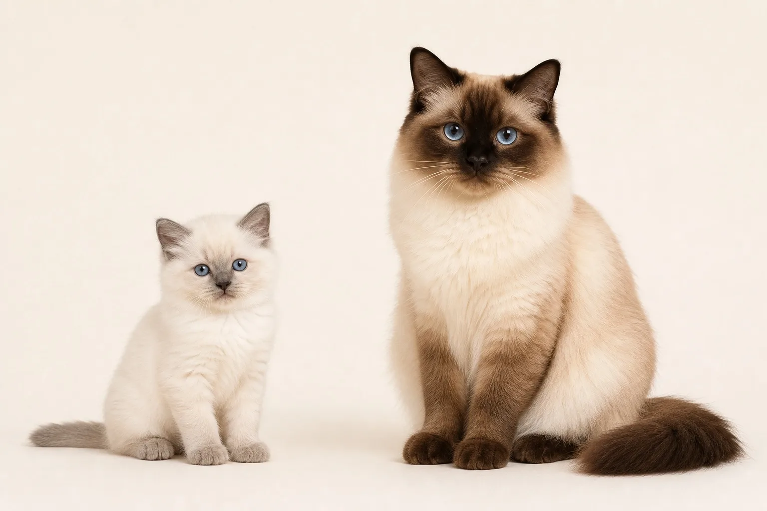 Ragdoll kitten and adult showing gradual colourpoint development
